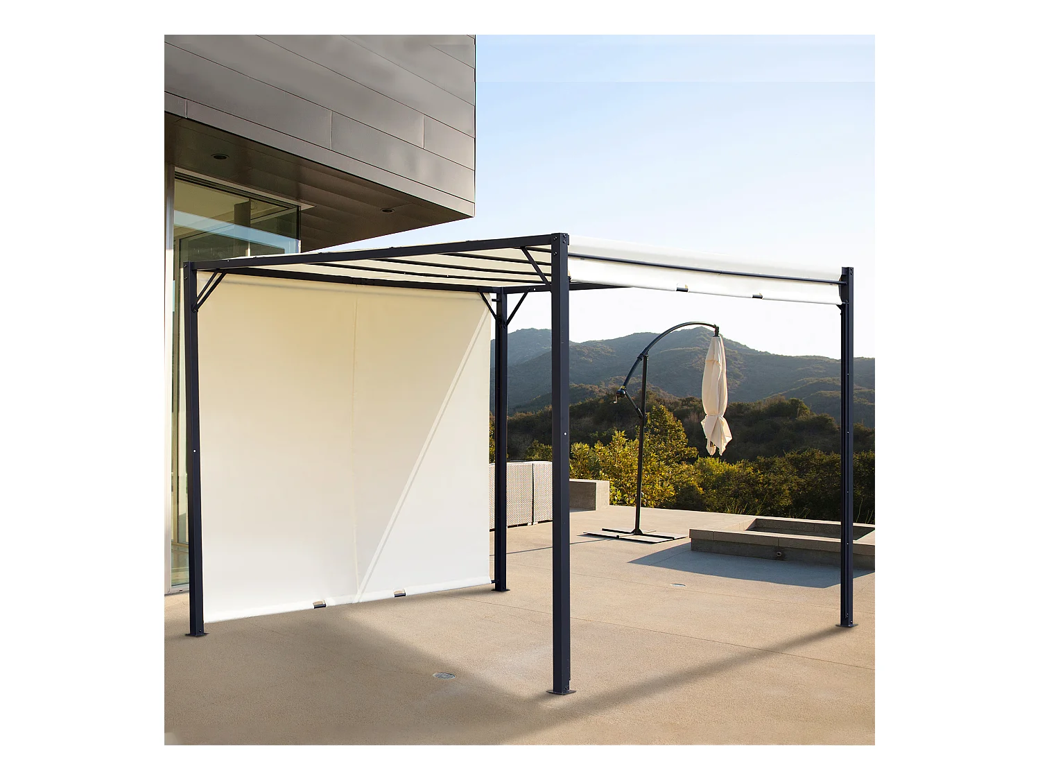 Pergola rétractable dim. 3L x 3l x 2,3H m structure acier époxy anticorrosion noir toile polyester haute densité crème