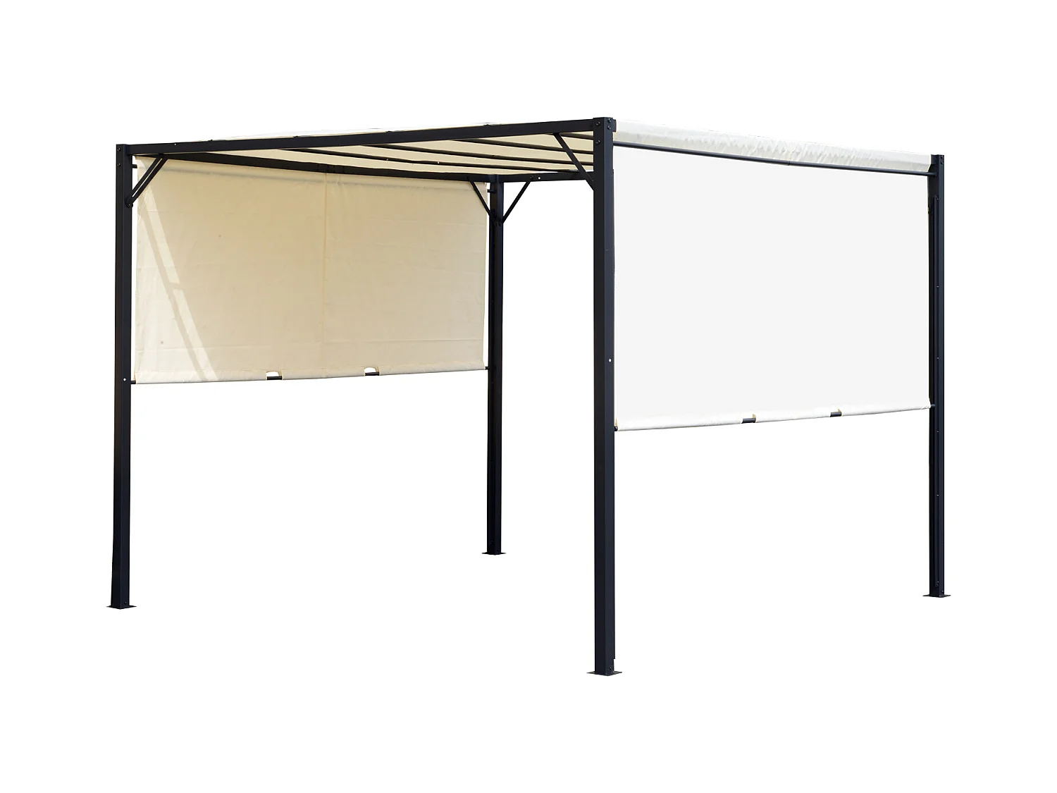 Pergola rétractable dim. 3L x 3l x 2,3H m structure acier époxy anticorrosion noir toile polyester haute densité crème