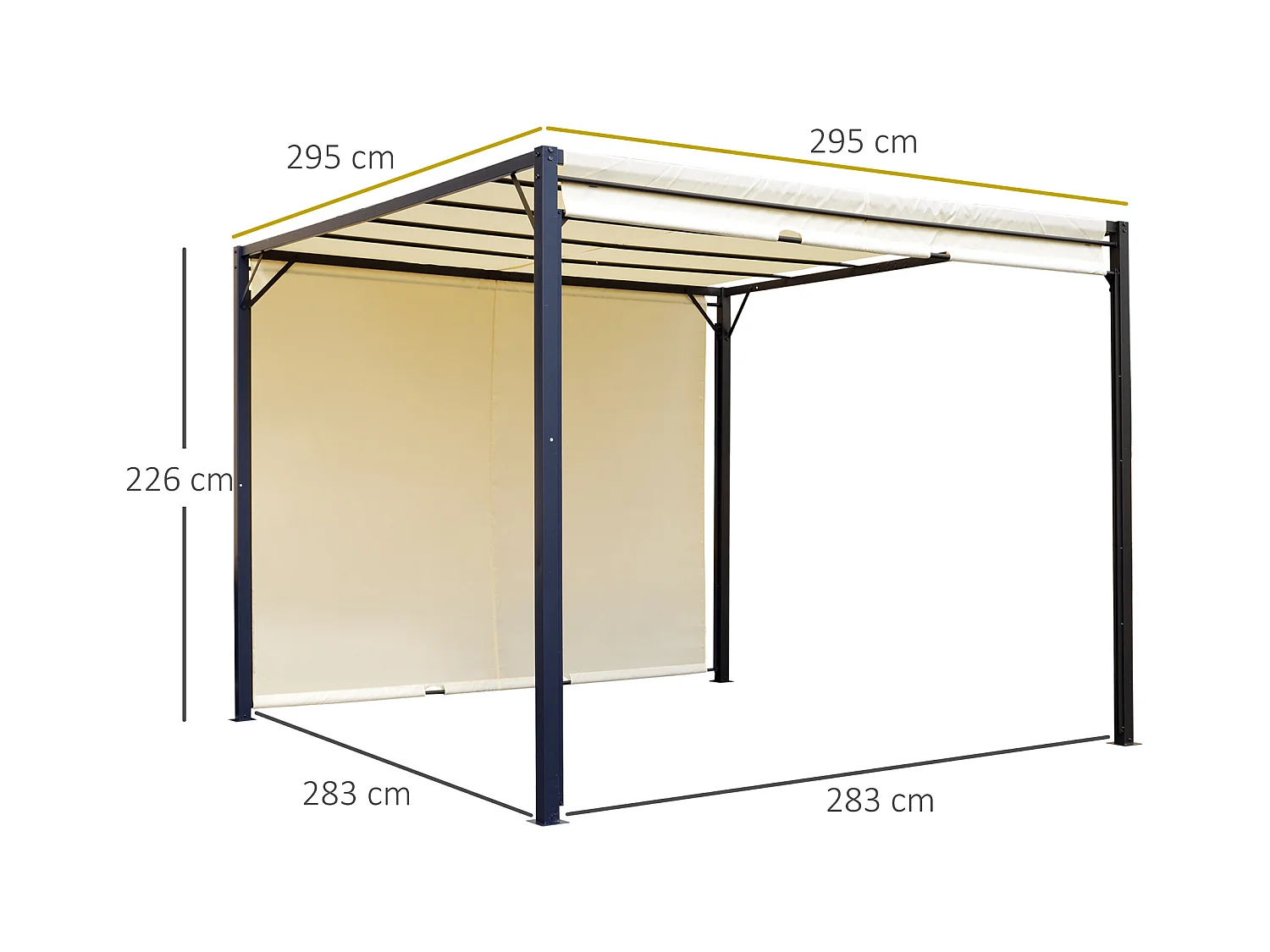Pergola rétractable dim. 3L x 3l x 2,3H m structure acier époxy anticorrosion noir toile polyester haute densité crème