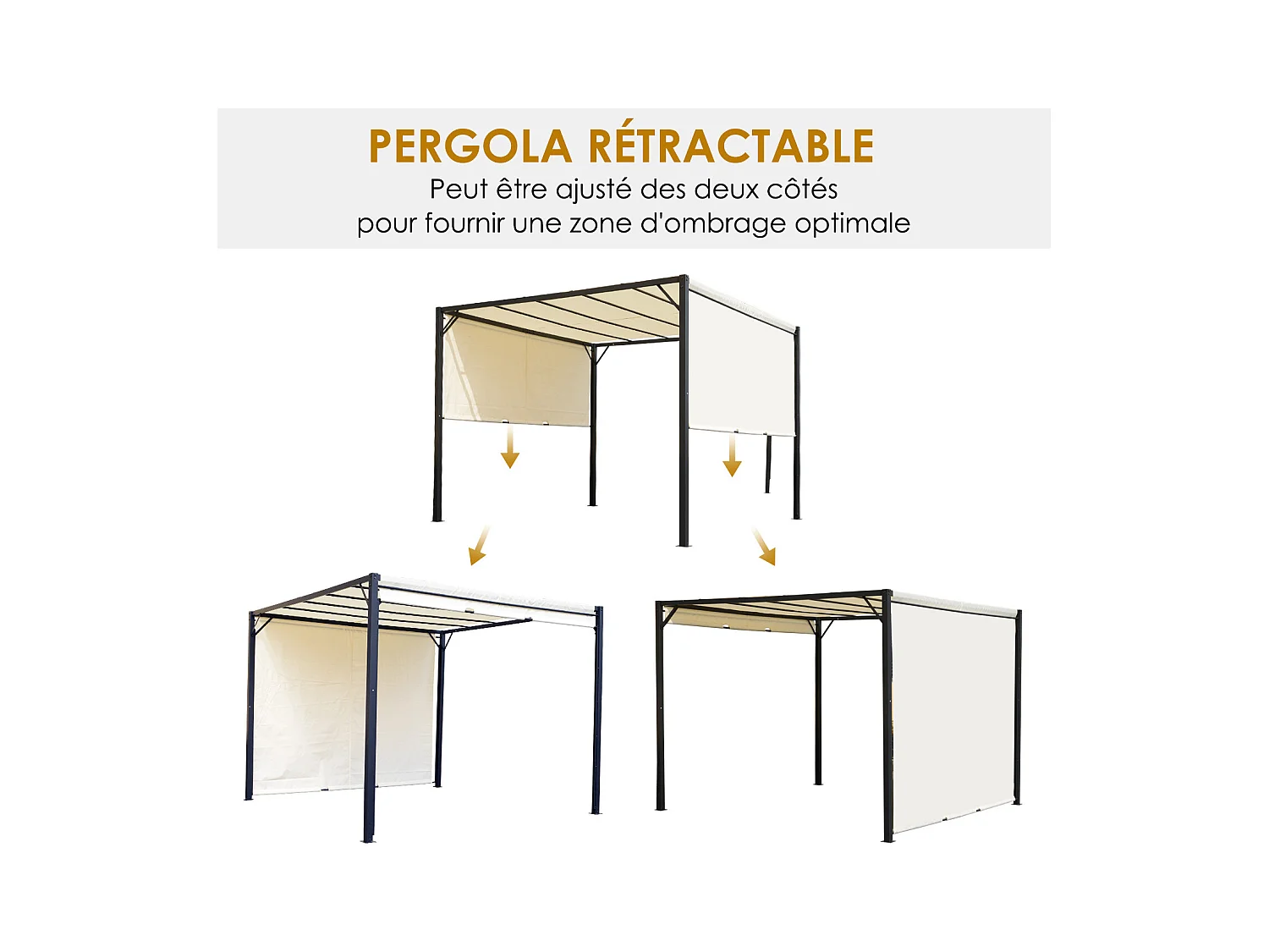 Pergola rétractable dim. 3L x 3l x 2,3H m structure acier époxy anticorrosion noir toile polyester haute densité crème