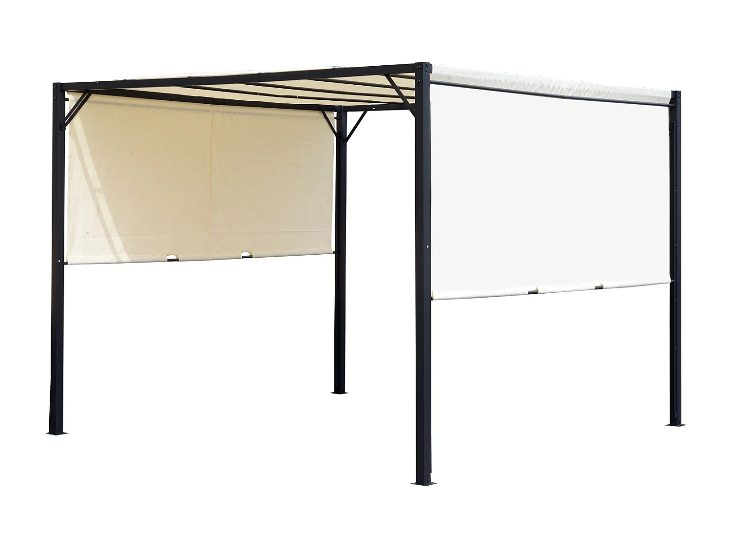 Pergola rétractable dim. 3L x 3l x 2,3H m structure acier époxy anticorrosion noir toile polyester haute densité crème