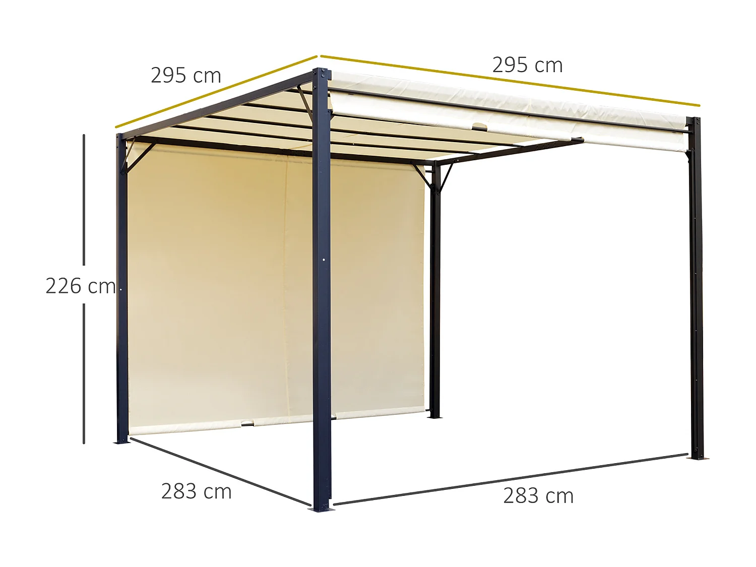 Pergola rétractable dim. 3L x 3l x 2,3H m structure acier époxy anticorrosion noir toile polyester haute densité crème