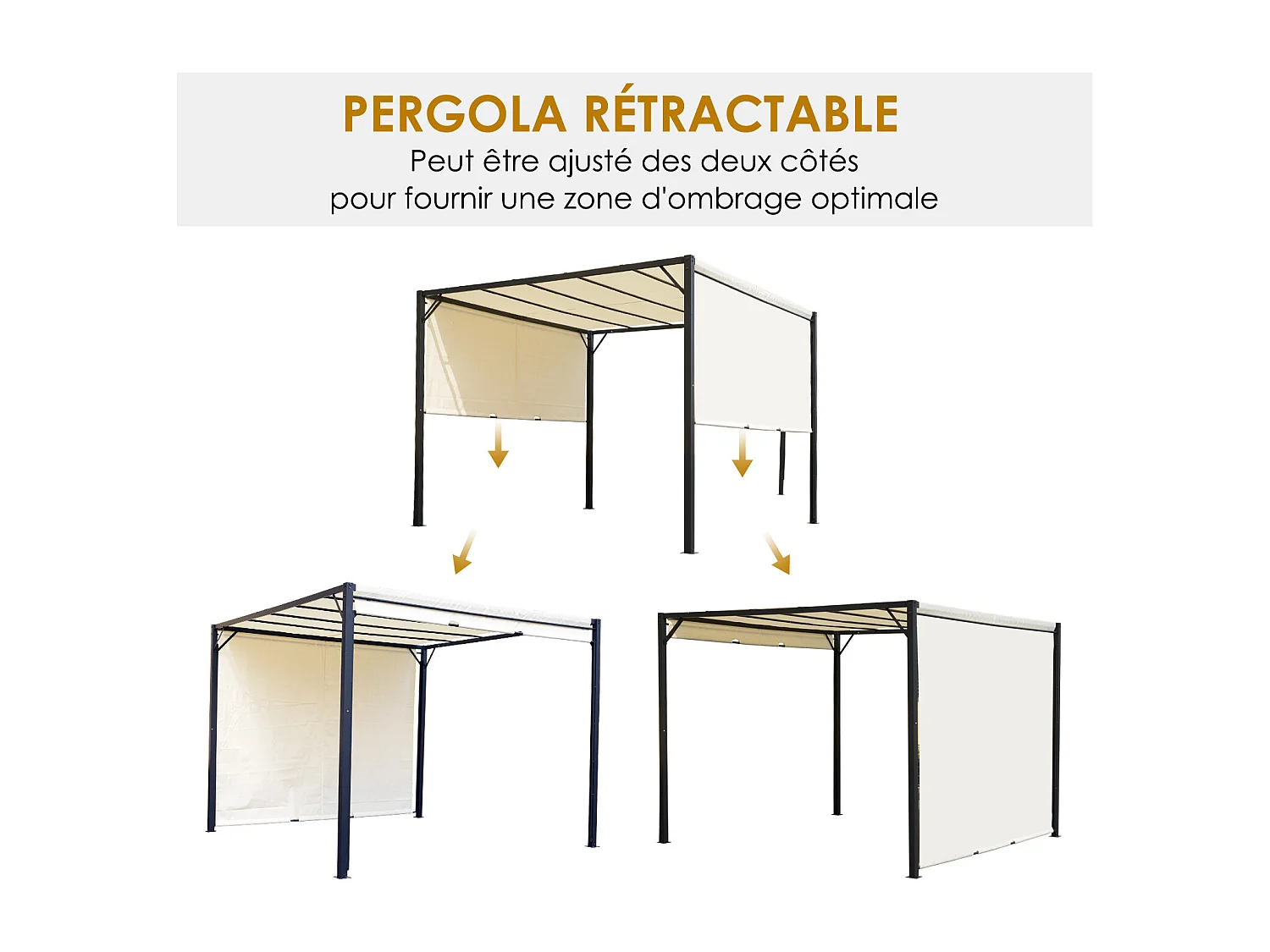 Pergola rétractable dim. 3L x 3l x 2,3H m structure acier époxy anticorrosion noir toile polyester haute densité crème