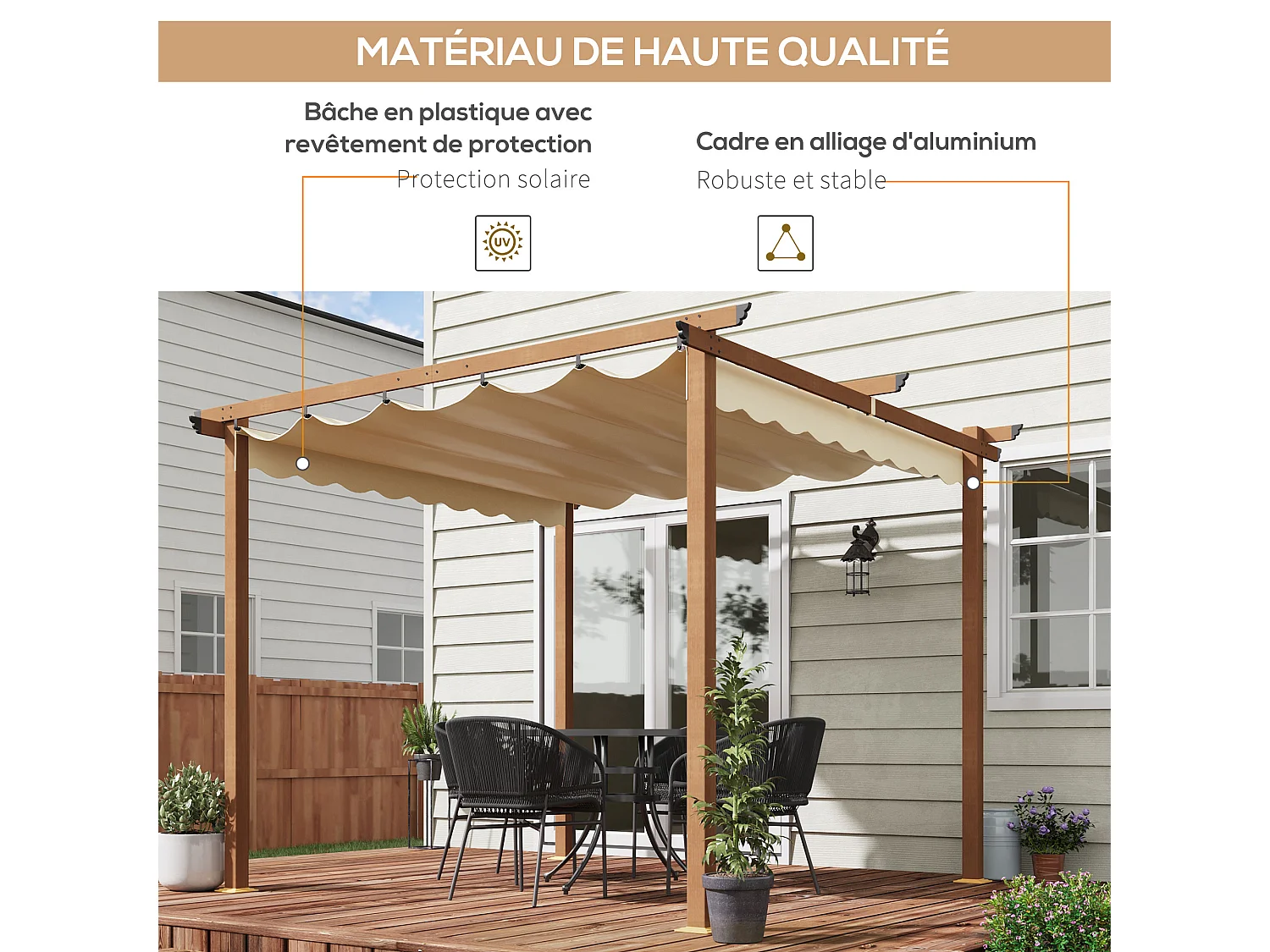 Pergola rétractable 3L x 3l x 2,25H m structure alu. aspect bois toile polyester haute densité beige