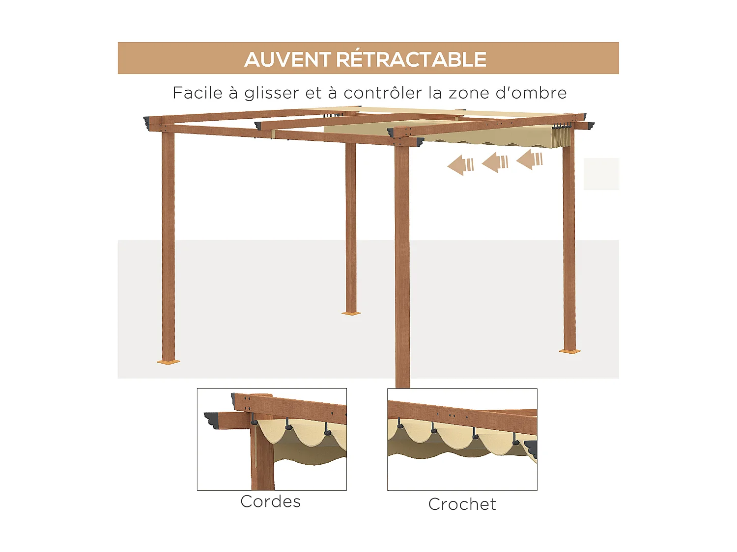 Pergola rétractable 3L x 3l x 2,25H m structure alu. aspect bois toile polyester haute densité beige