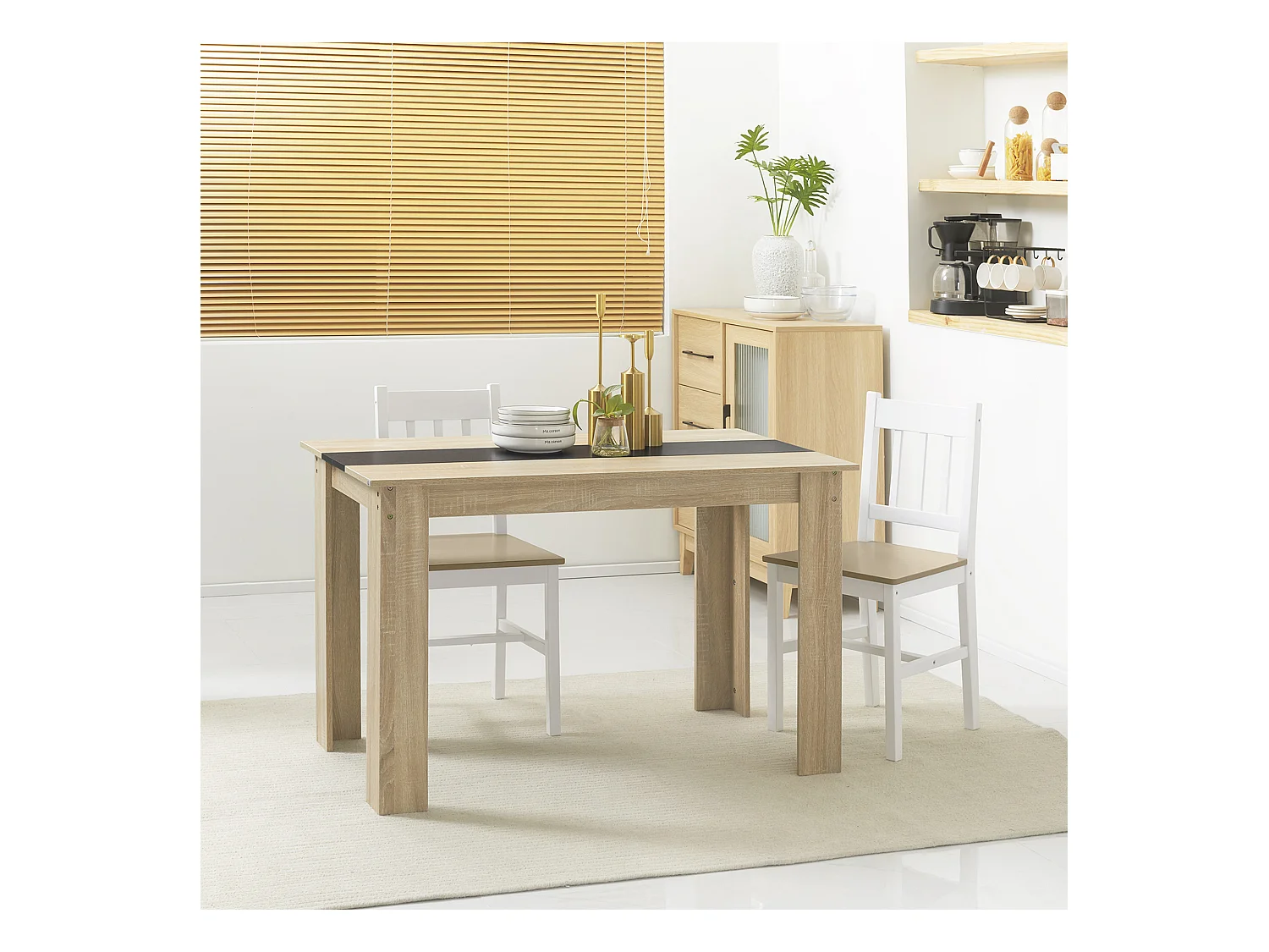 Table à manger grand plateau 4-6 personnes - dim. 120L x 69l x 75H cm - panneaux noir aspect chêne clair