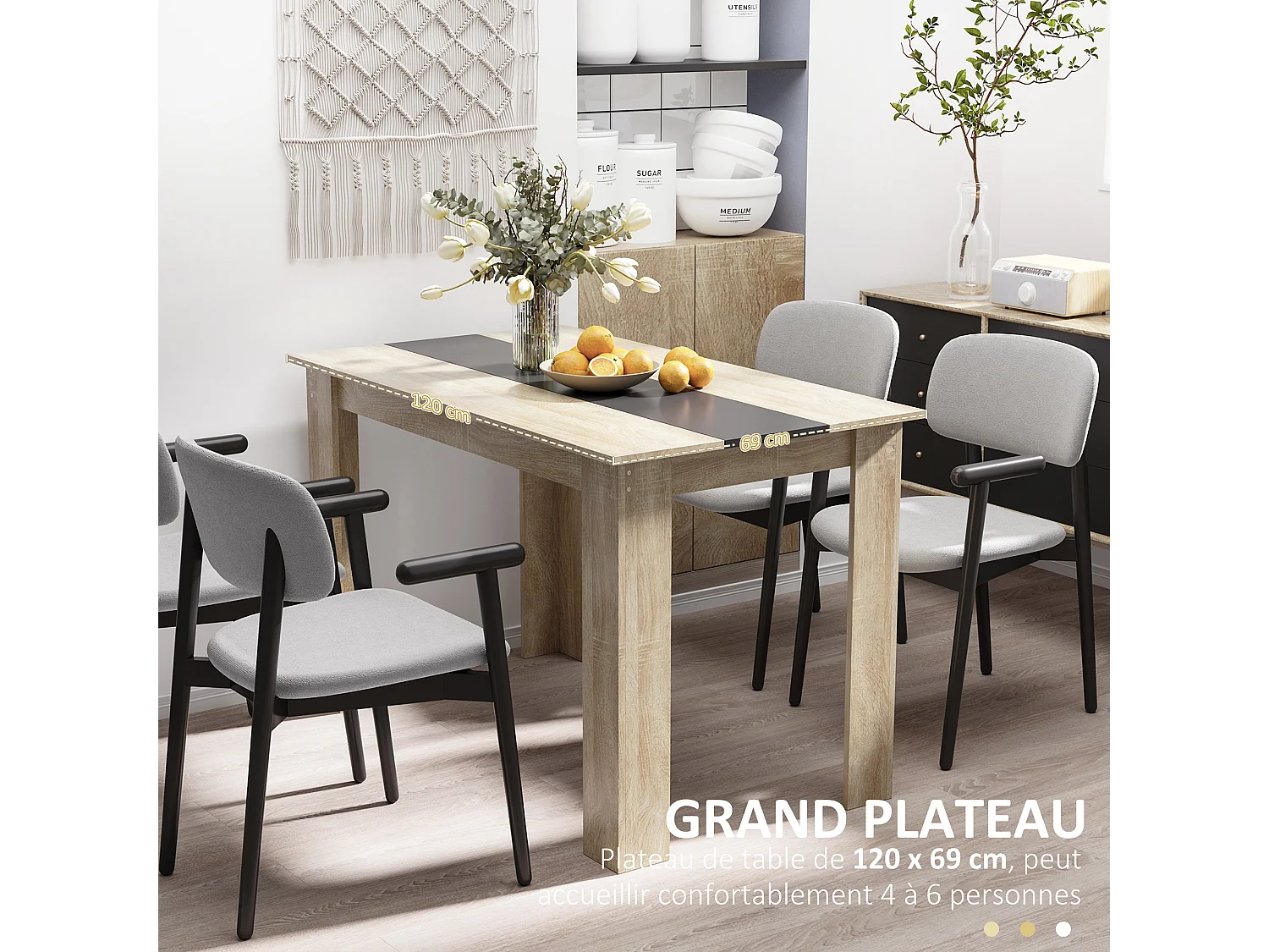 Table à manger grand plateau 4-6 personnes - dim. 120L x 69l x 75H cm - panneaux noir aspect chêne clair