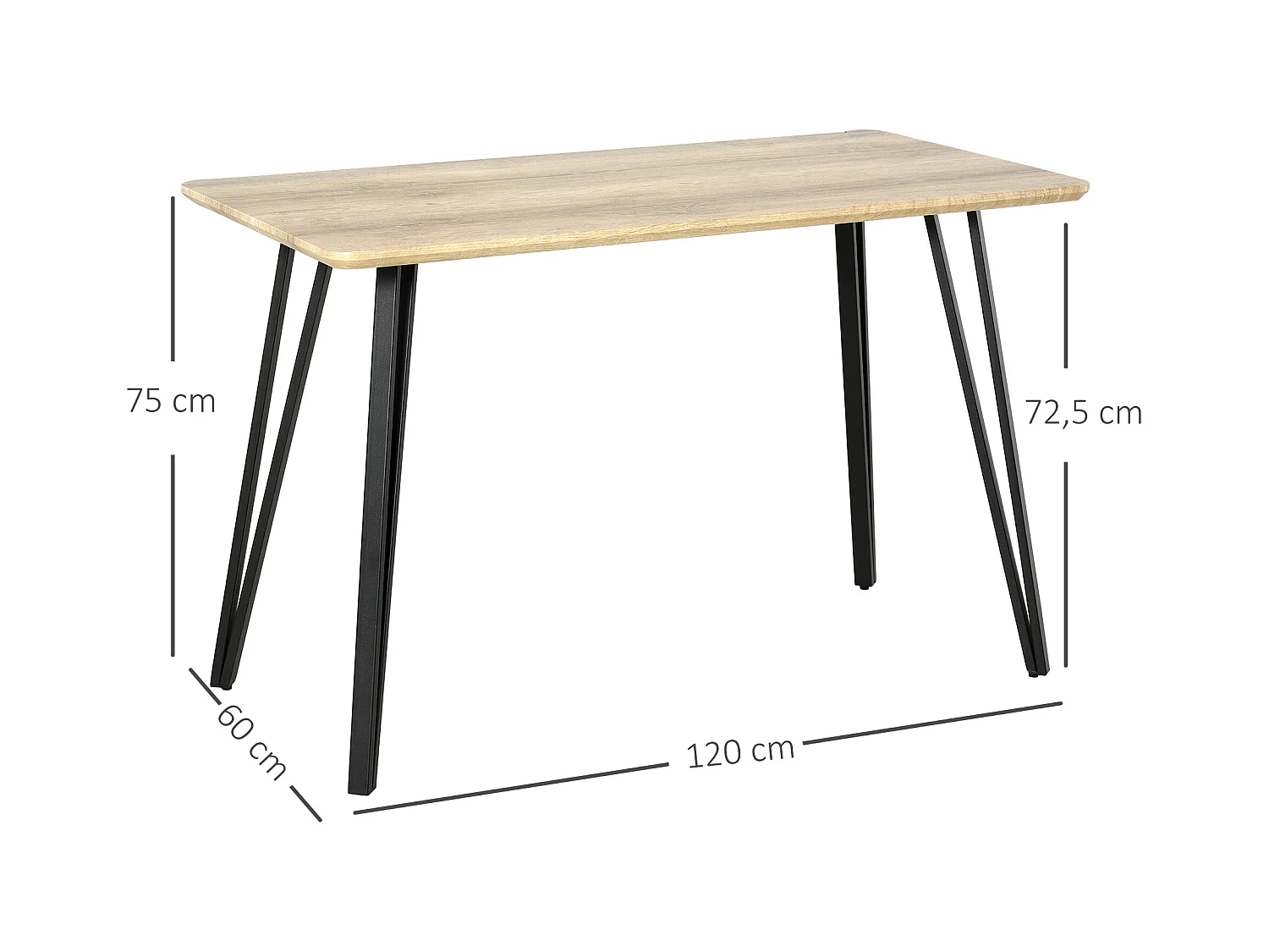 Table à manger design industriel grand plateau dim. 120L x 60l x 75H cm pieds métal noir en épingles MDF aspect chêne clair