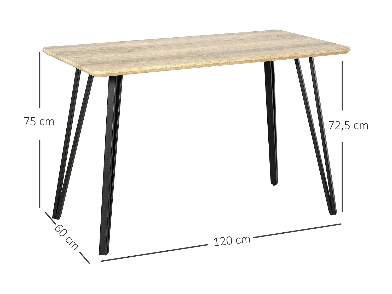 Table à manger design industriel grand plateau dim. 120L x 60l x 75H cm pieds métal noir en épingles MDF aspect chêne clair
