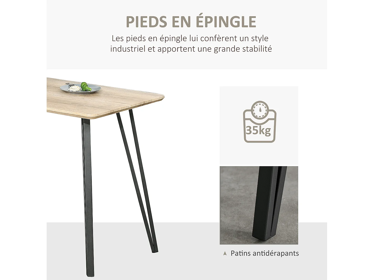 Table à manger design industriel grand plateau dim. 120L x 60l x 75H cm pieds métal noir en épingles MDF aspect chêne clair