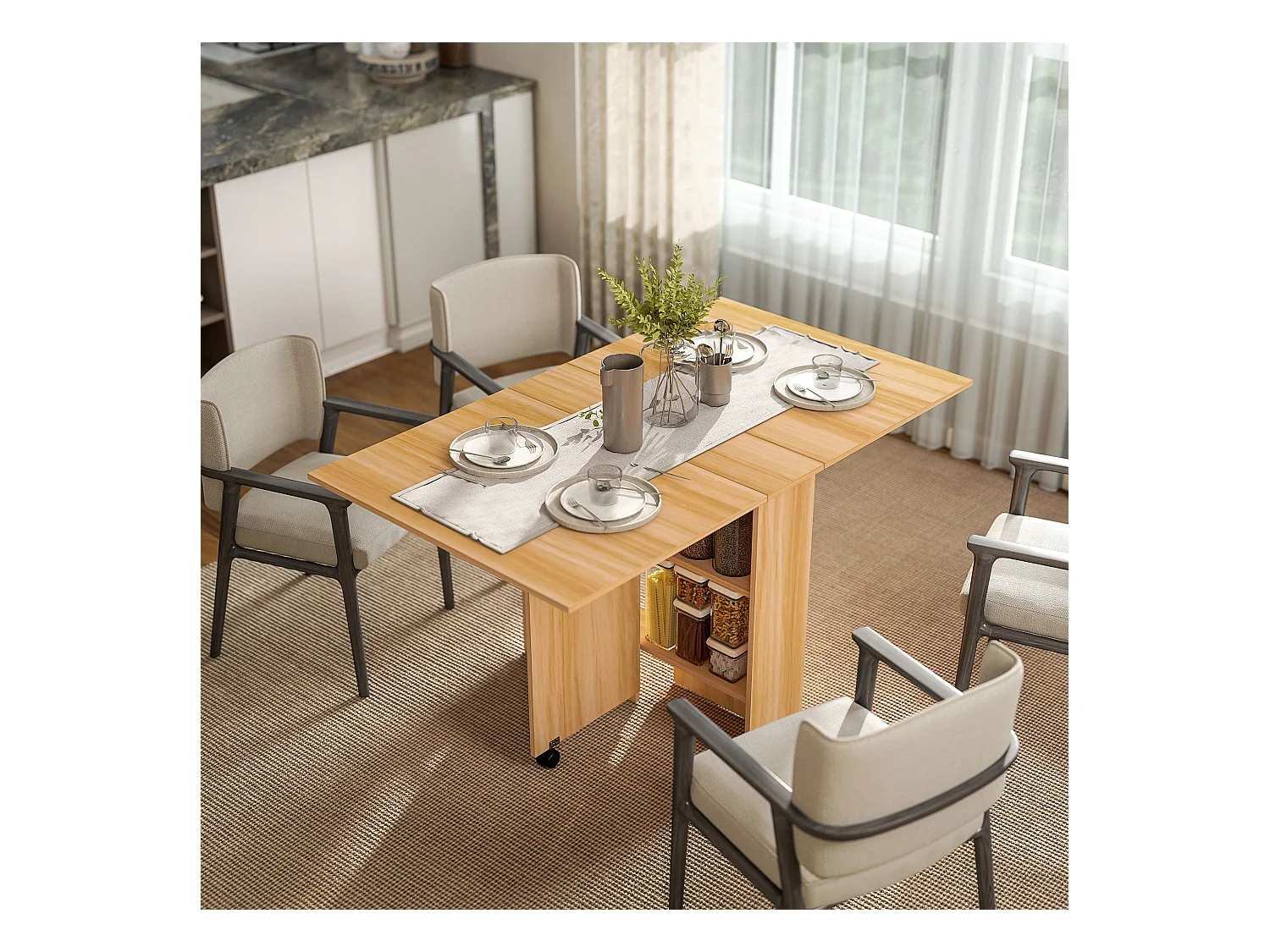 Table de cuisine salon pliable mobile sur roulettes 140L x 80l x 74H cm 2 étagères intégrées coloris chêne