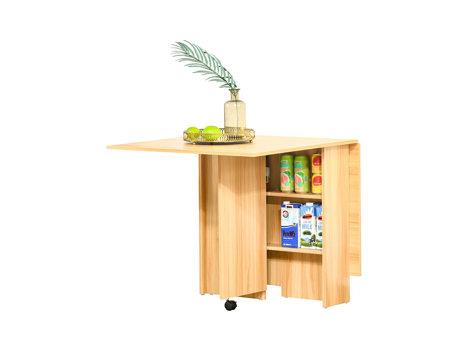 Table de cuisine salon pliable mobile sur roulettes 140L x 80l x 74H cm 2 étagères intégrées coloris chêne
