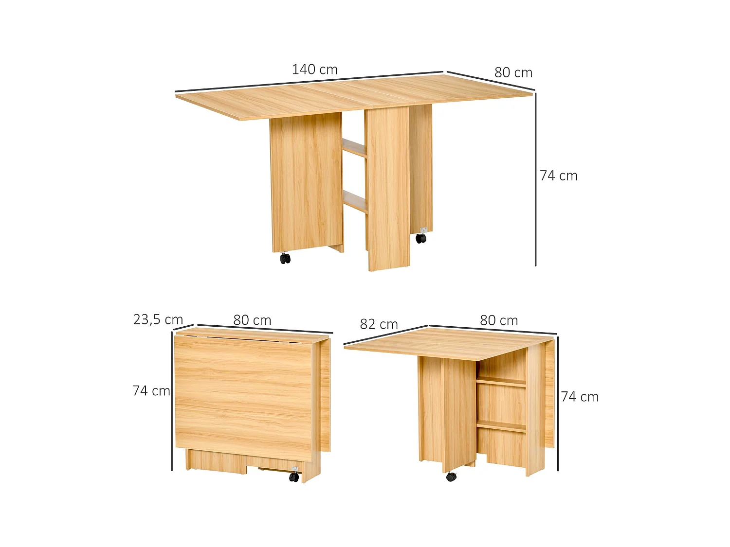 Table de cuisine salon pliable mobile sur roulettes 140L x 80l x 74H cm 2 étagères intégrées coloris chêne
