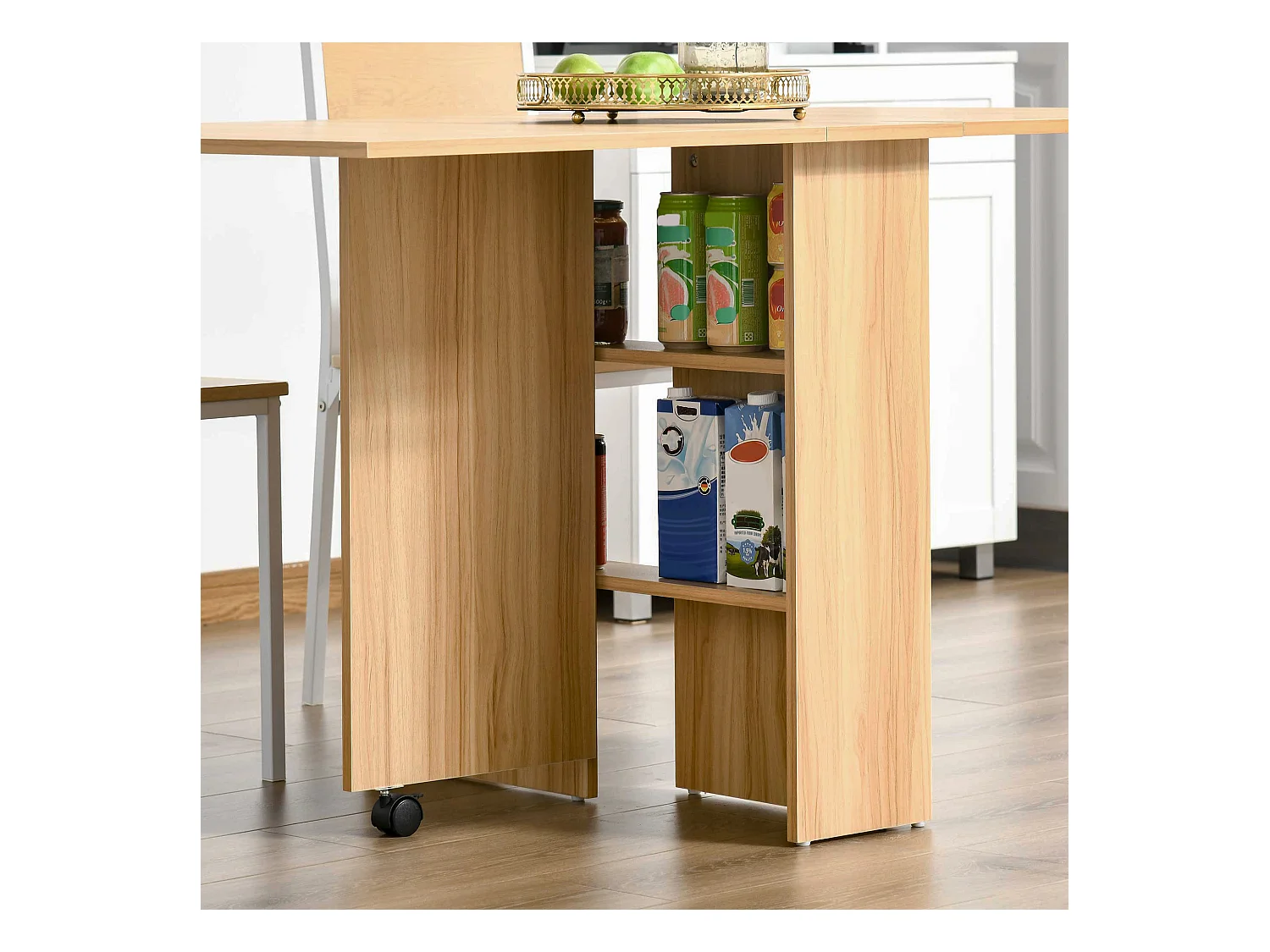Table de cuisine salon pliable mobile sur roulettes 140L x 80l x 74H cm 2 étagères intégrées coloris chêne