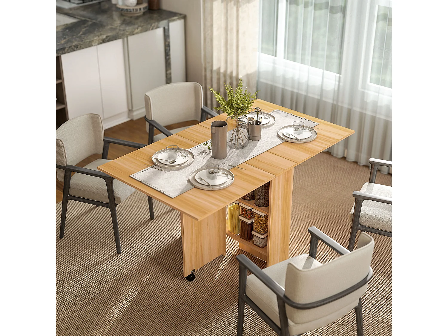 Table de cuisine salon pliable mobile sur roulettes 140L x 80l x 74H cm 2 étagères intégrées coloris chêne