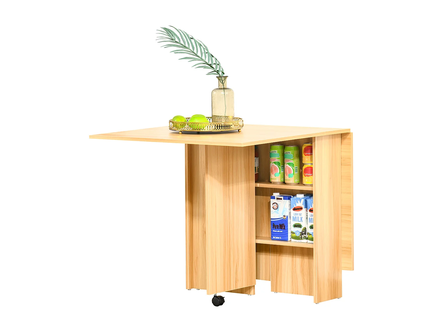 Table de cuisine salon pliable mobile sur roulettes 140L x 80l x 74H cm 2 étagères intégrées coloris chêne