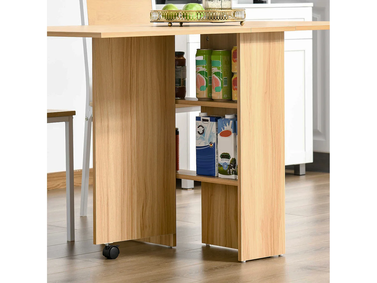 Table de cuisine salon pliable mobile sur roulettes 140L x 80l x 74H cm 2 étagères intégrées coloris chêne