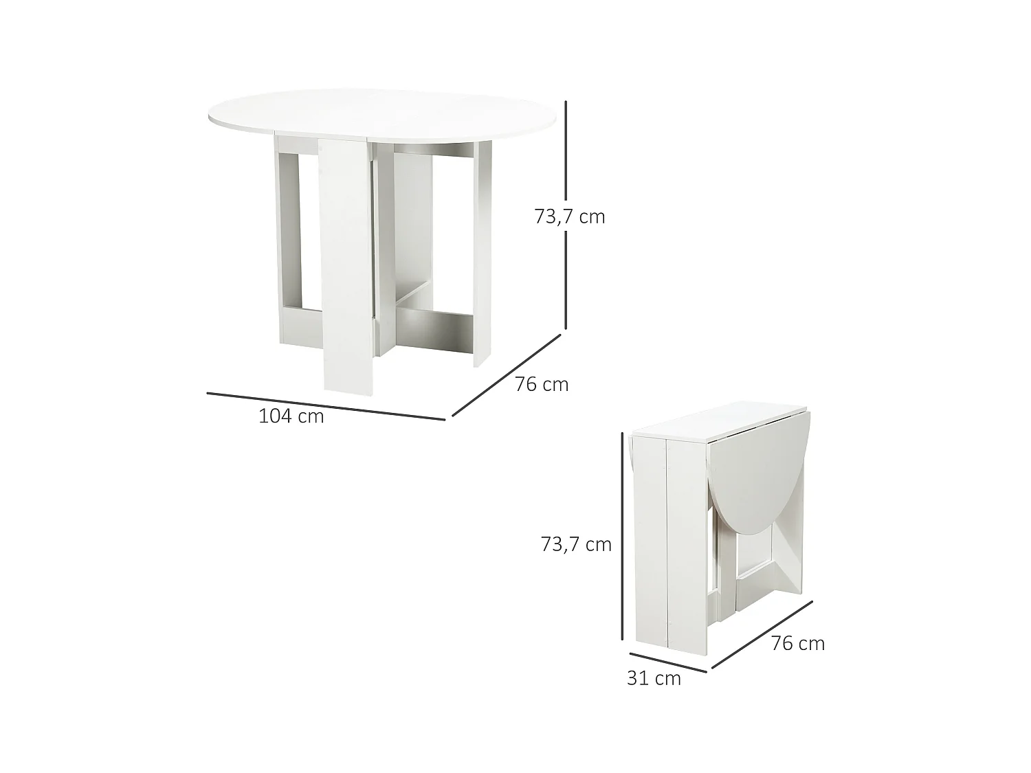 Table pliable de cuisine salle à manger 2 abattants - table ovale extensible - panneaux particules blanc