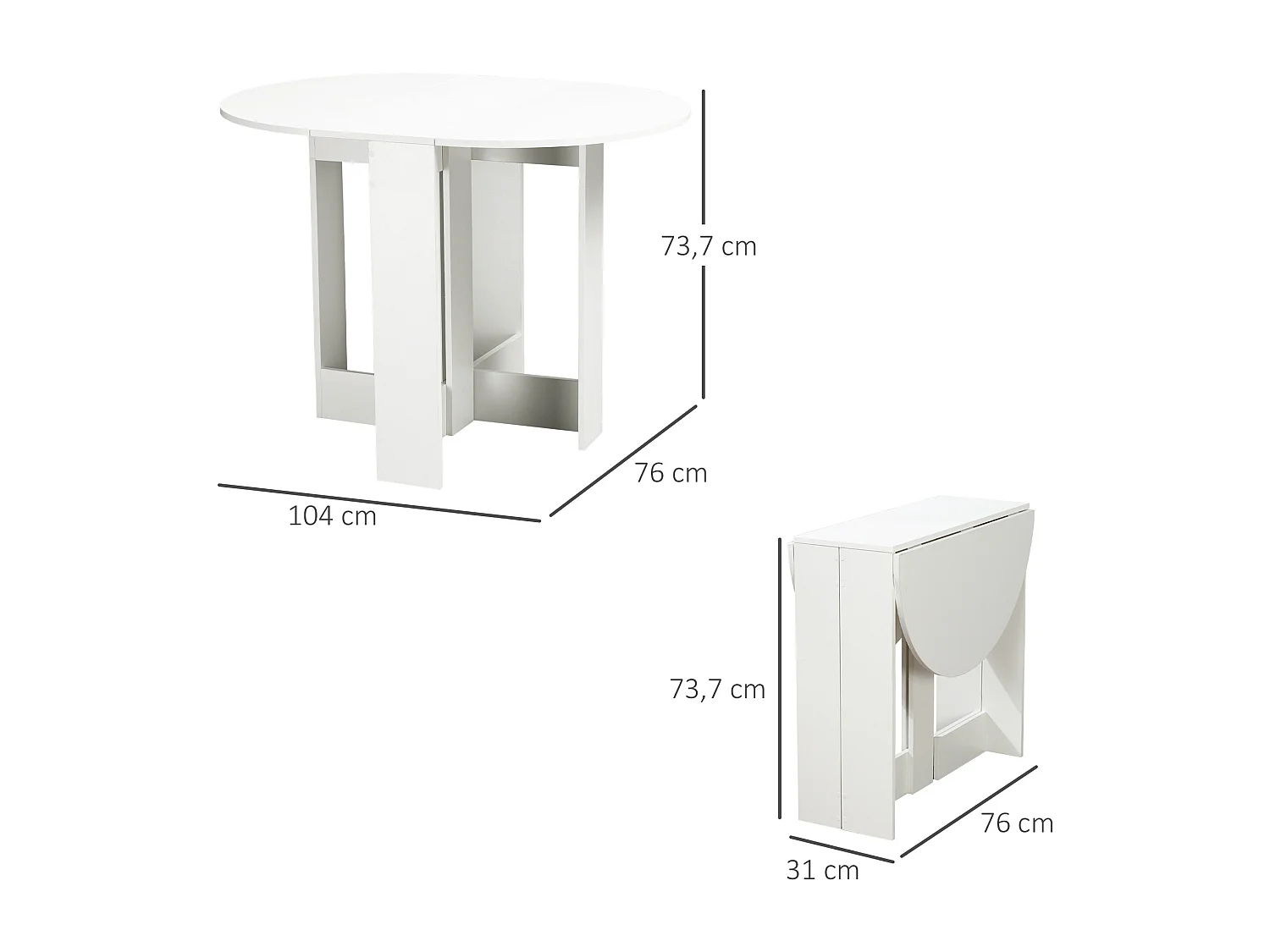 Table pliable de cuisine salle à manger 2 abattants - table ovale extensible - panneaux particules blanc