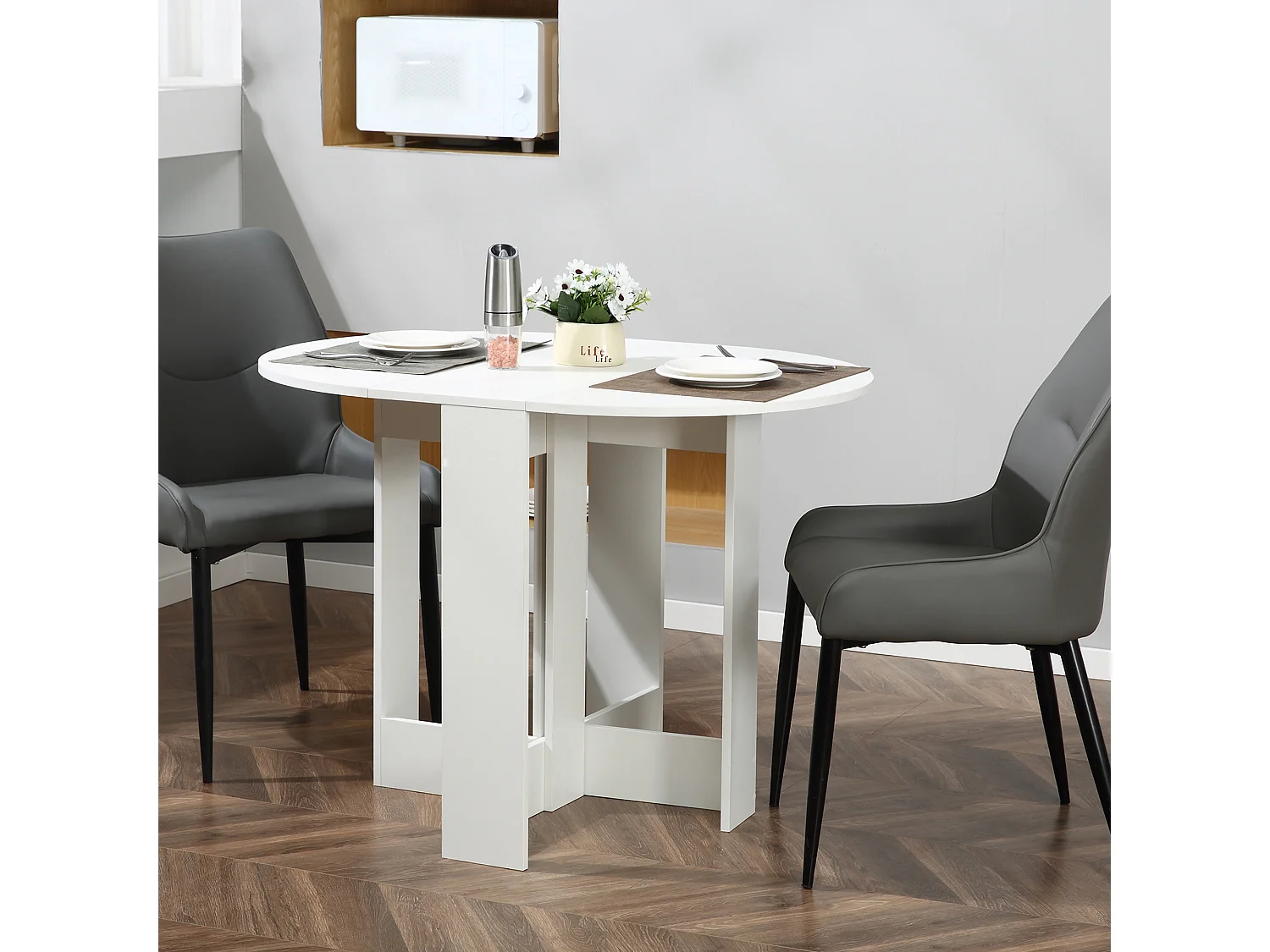 Table pliable de cuisine salle à manger 2 abattants - table ovale extensible - panneaux particules blanc