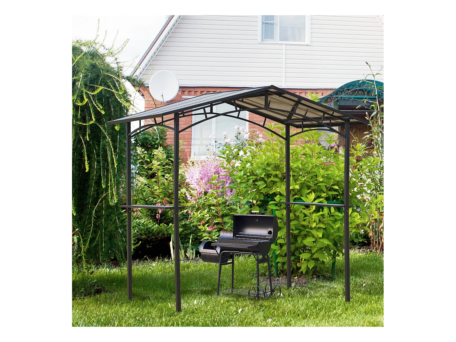 Pavillon jardin - abri barbecue - steakhouse 2 étagères - toit de barbecue - dim. 2,46L x 1,49l x 2,30H m - alu. métal noir toit polycarbonate