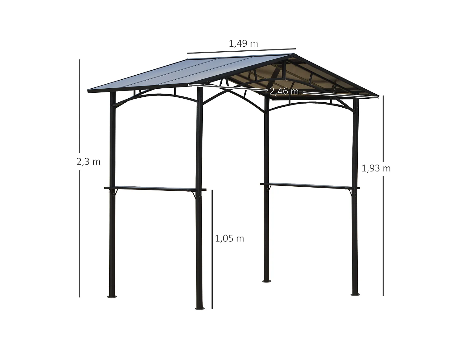 Pavillon jardin - abri barbecue - steakhouse 2 étagères - toit de barbecue - dim. 2,46L x 1,49l x 2,30H m - alu. métal noir toit polycarbonate