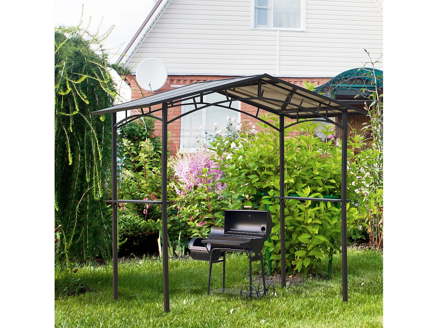Pavillon jardin - abri barbecue - steakhouse 2 étagères - toit de barbecue - dim. 2,46L x 1,49l x 2,30H m - alu. métal noir toit polycarbonate