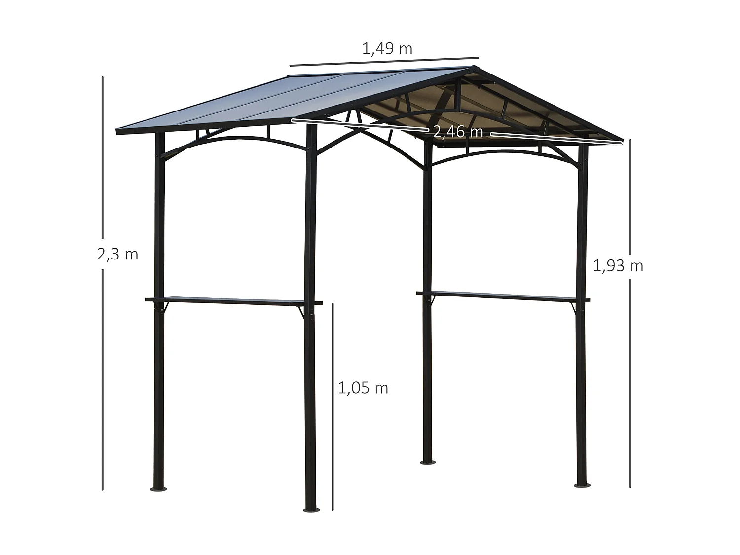 Pavillon jardin - abri barbecue - steakhouse 2 étagères - toit de barbecue - dim. 2,46L x 1,49l x 2,30H m - alu. métal noir toit polycarbonate