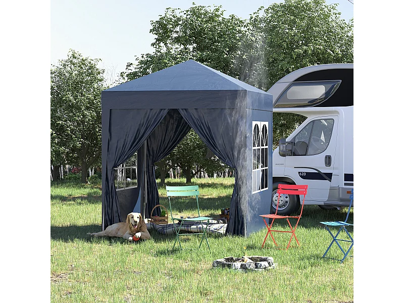 Tonnelle de jardin tente pliante barnum pop-up 2 x 2 m 4 parois latérales amovibles 2 fenêtres sac de transport bleu