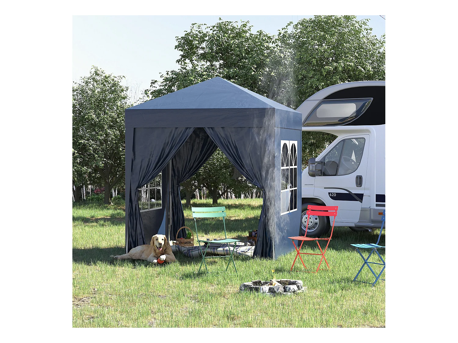 Tonnelle de jardin tente pliante barnum pop-up 2 x 2 m 4 parois latérales amovibles 2 fenêtres sac de transport bleu