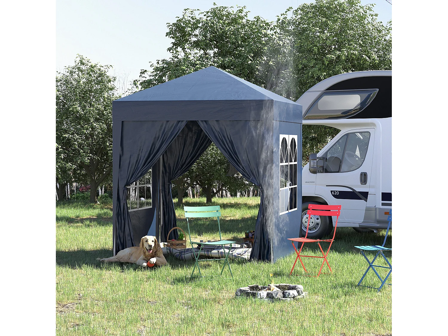 Tonnelle de jardin tente pliante barnum pop-up 2 x 2 m 4 parois latérales amovibles 2 fenêtres sac de transport bleu