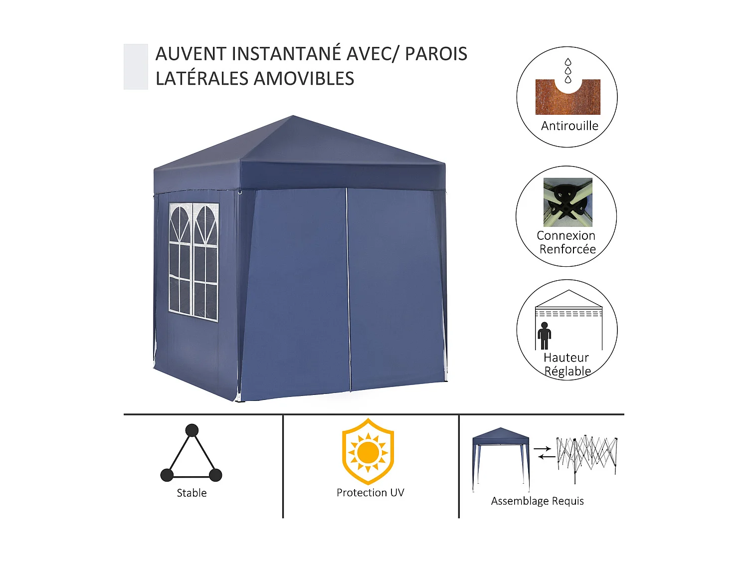 Tonnelle de jardin tente pliante barnum pop-up 2 x 2 m 4 parois latérales amovibles 2 fenêtres sac de transport bleu