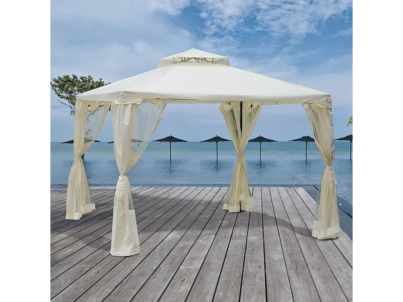 Pavillon de jardin tonnelle barnum style colonial double toit toiles moustiquaires amovibles zippées crème