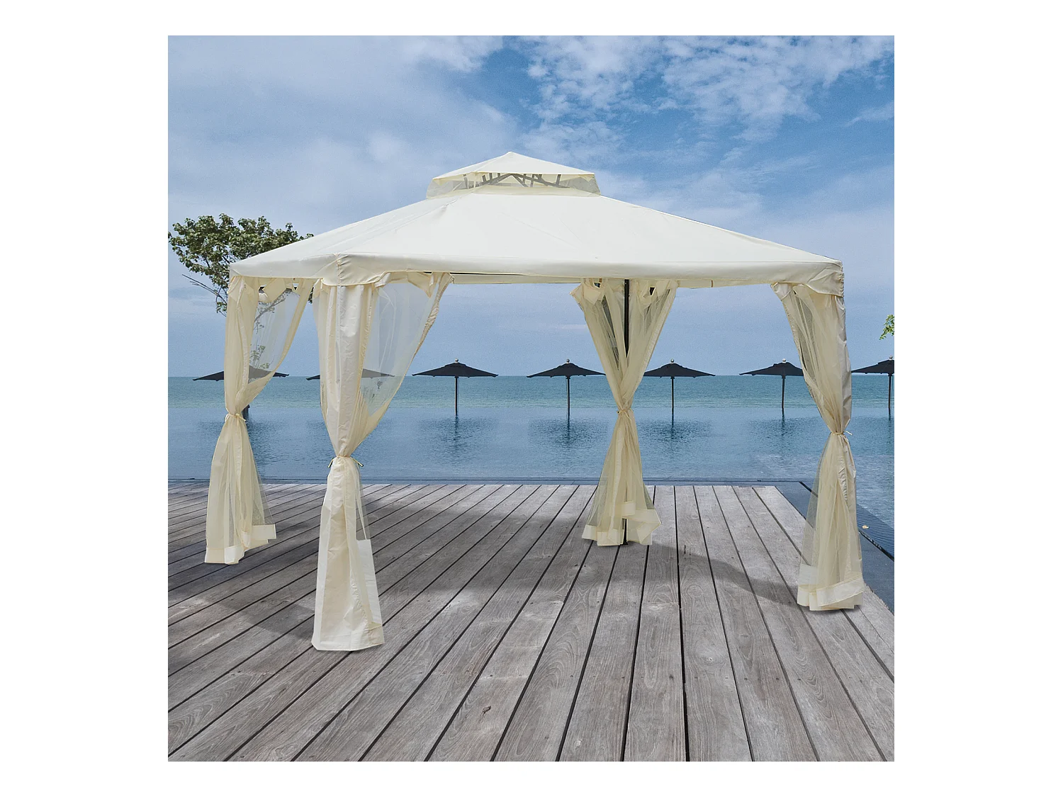 Pavillon de jardin tonnelle barnum style colonial double toit toiles moustiquaires amovibles zippées crème