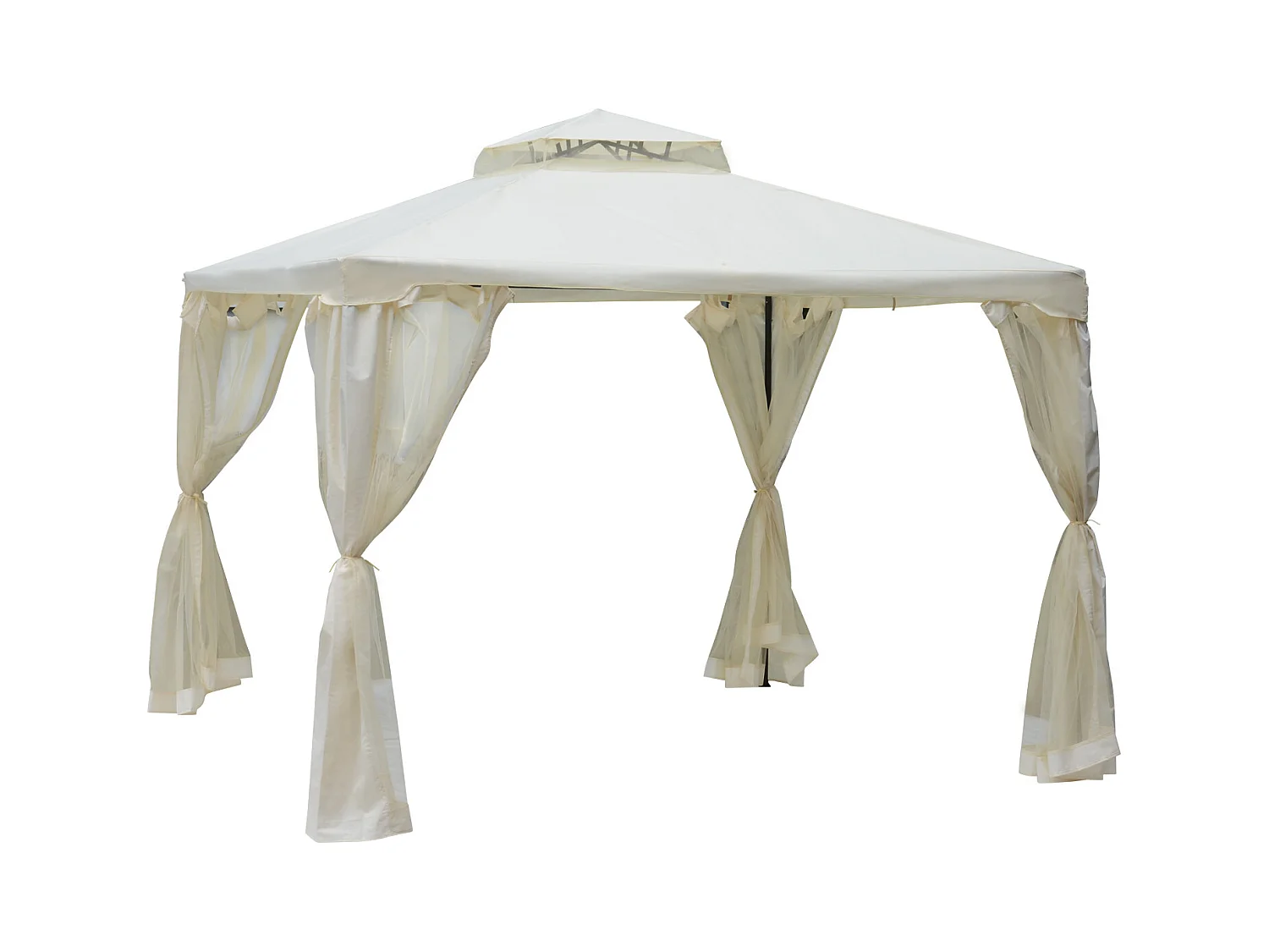 Pavillon de jardin tonnelle barnum style colonial double toit toiles moustiquaires amovibles zippées crème