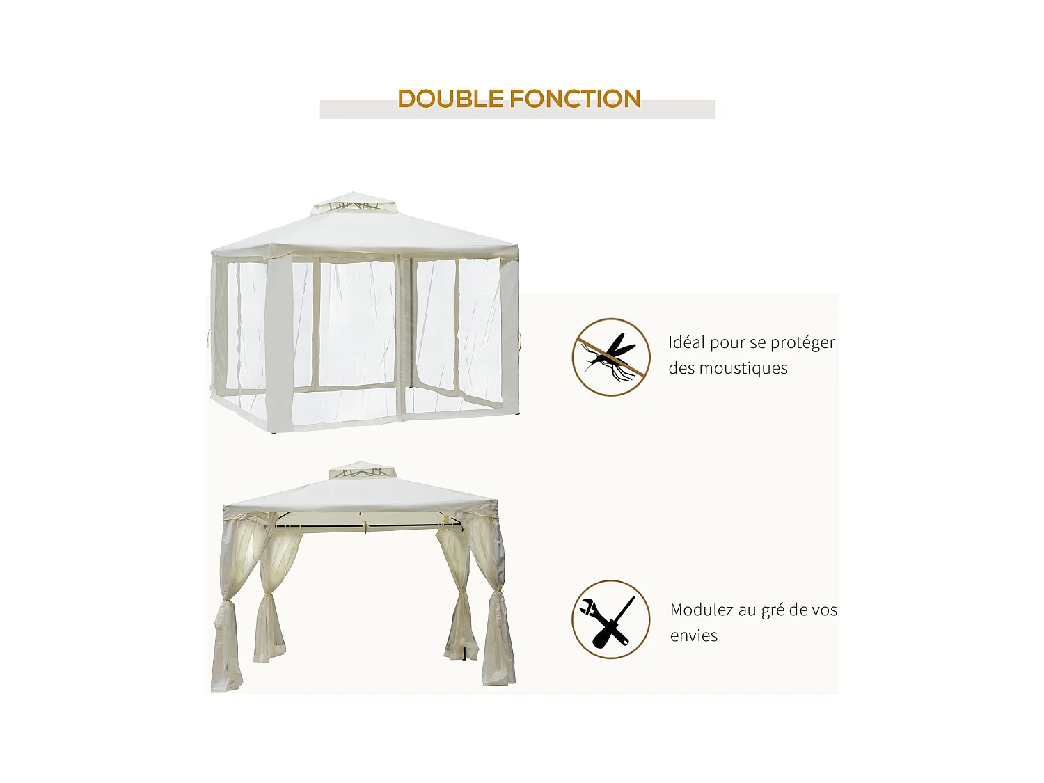 Pavillon de jardin tonnelle barnum style colonial double toit toiles moustiquaires amovibles zippées crème