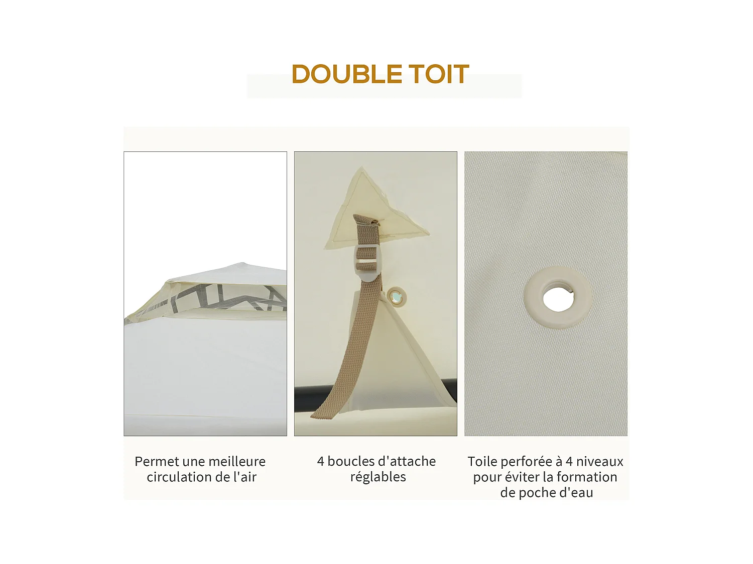 Pavillon de jardin tonnelle barnum style colonial double toit toiles moustiquaires amovibles zippées crème