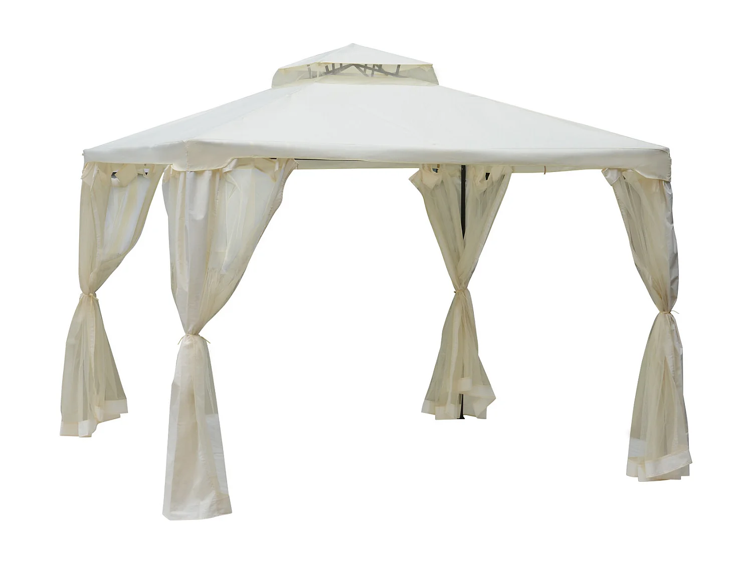 Pavillon de jardin tonnelle barnum style colonial double toit toiles moustiquaires amovibles zippées crème