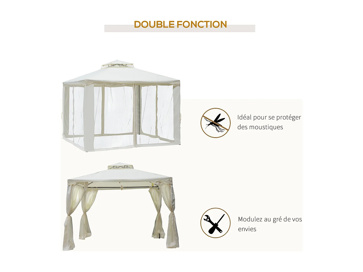 Pavillon de jardin tonnelle barnum style colonial double toit toiles moustiquaires amovibles zippées crème