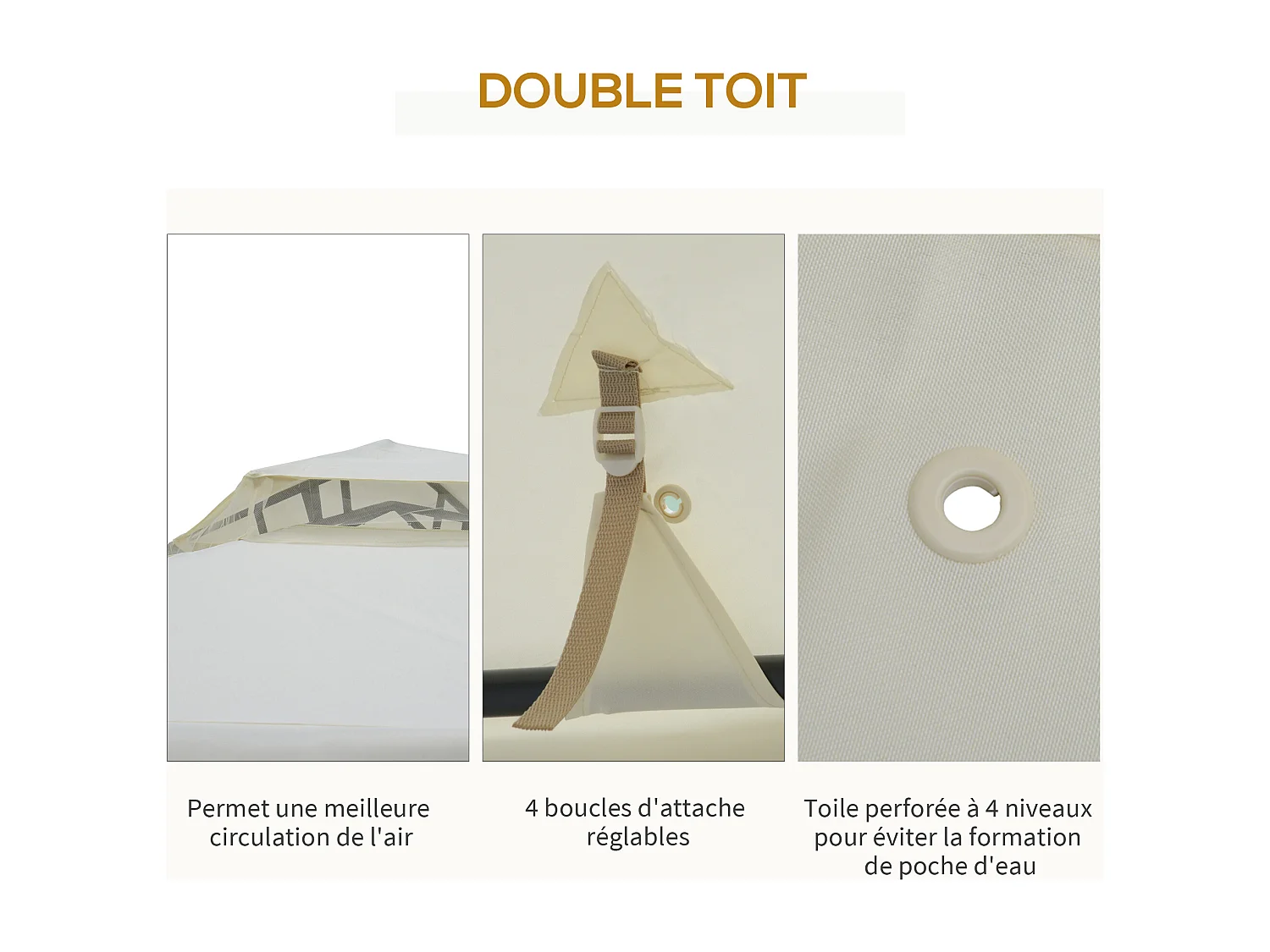 Pavillon de jardin tonnelle barnum style colonial double toit toiles moustiquaires amovibles zippées crème