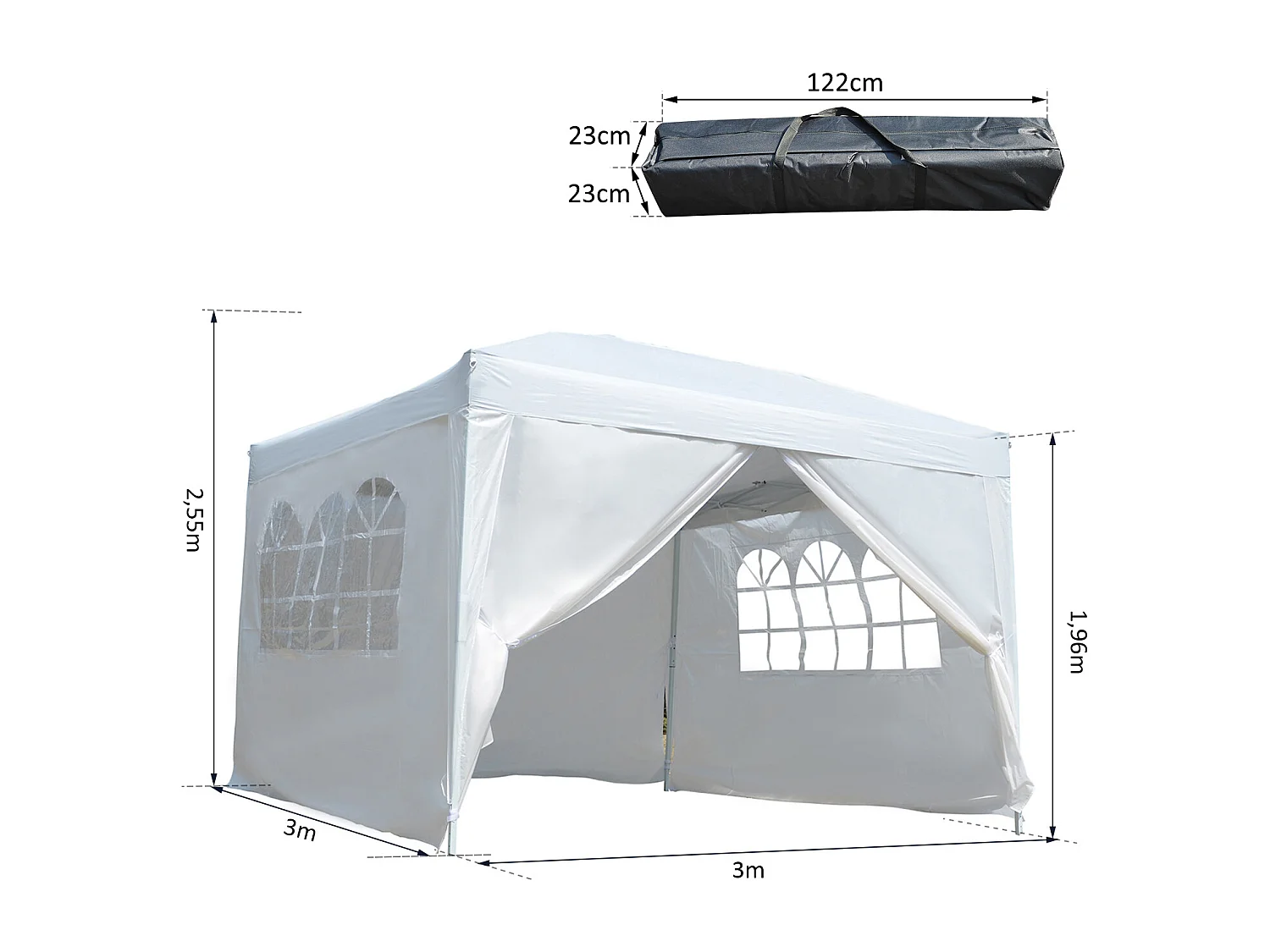 Tonnelle barnum tente de réception pliante 3 x 3 x 2,55 m avec fenêtres + sac de transport blanc