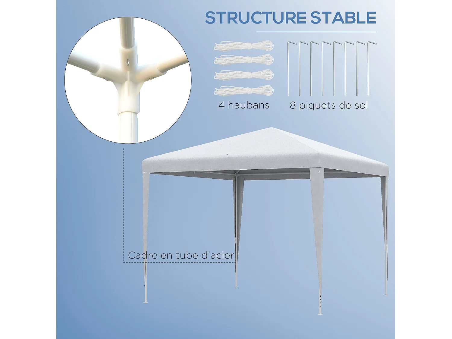 Tonnelle barnum de jardin dim. 2,7L x 2,7l x 2,54H m métal époxy toile PE haute densité blanc