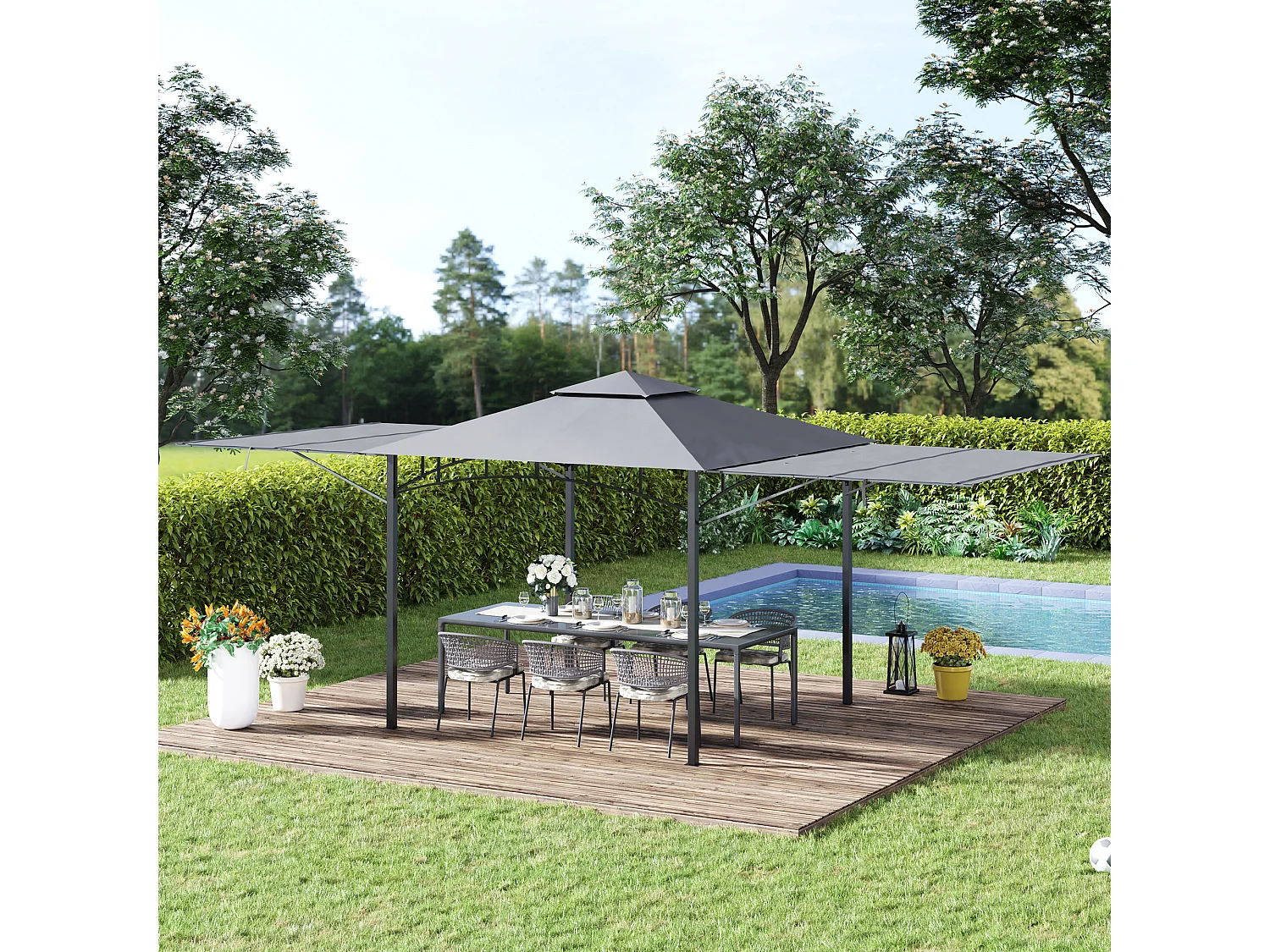 Tonnelle pavillon de jardin 3x3 m avec double toit pour ventilation auvents réglables structure en métal tissu polyester gris