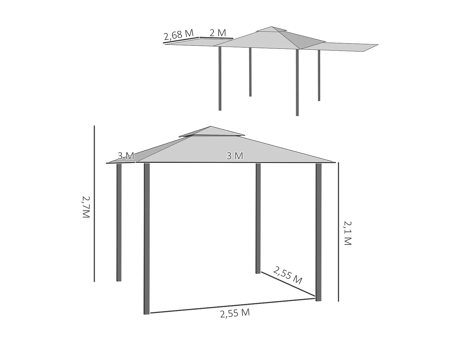 Tonnelle pavillon de jardin 3x3 m avec double toit pour ventilation auvents réglables structure en métal tissu polyester gris
