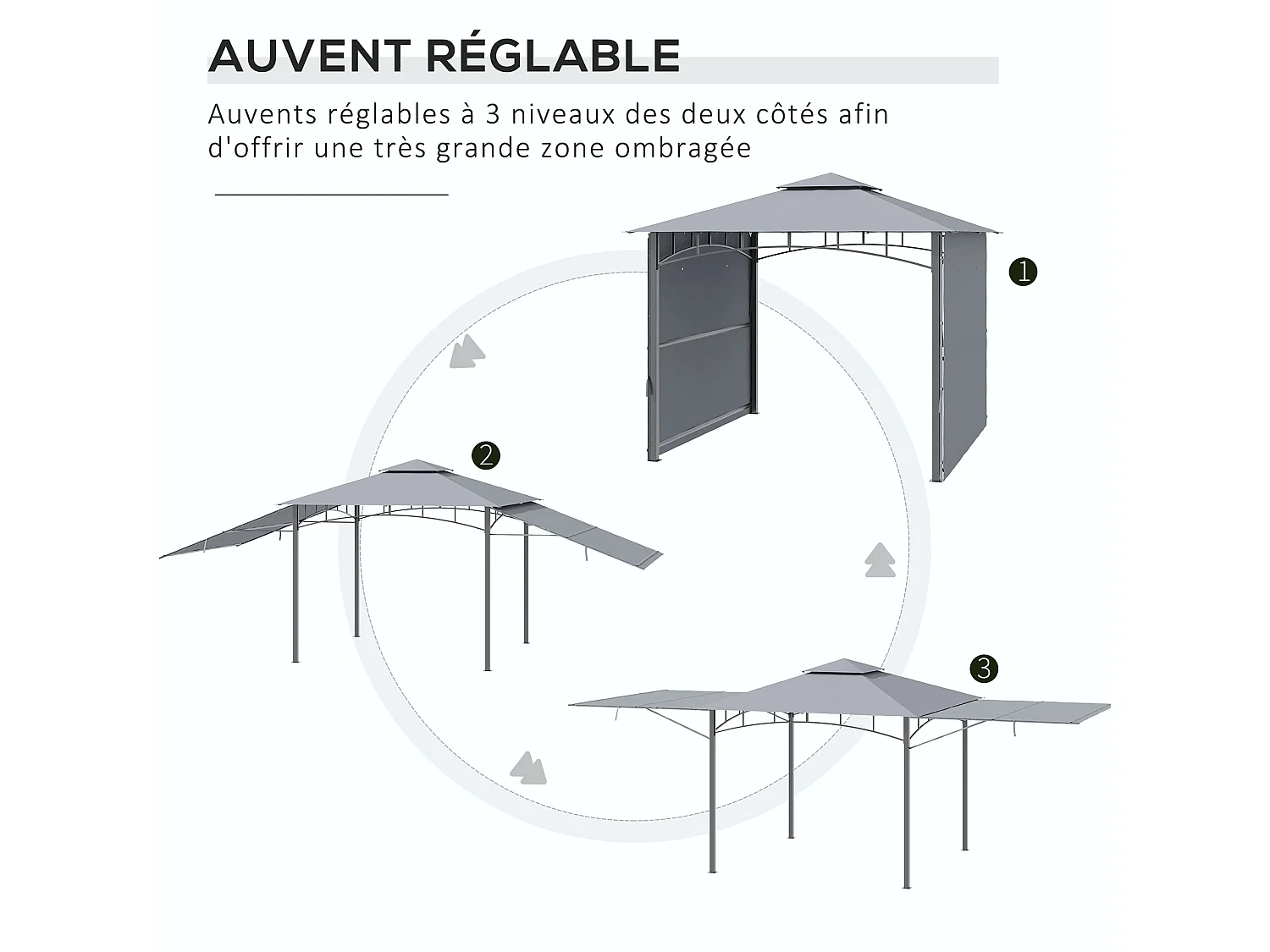 Tonnelle pavillon de jardin 3x3 m avec double toit pour ventilation auvents réglables structure en métal tissu polyester gris