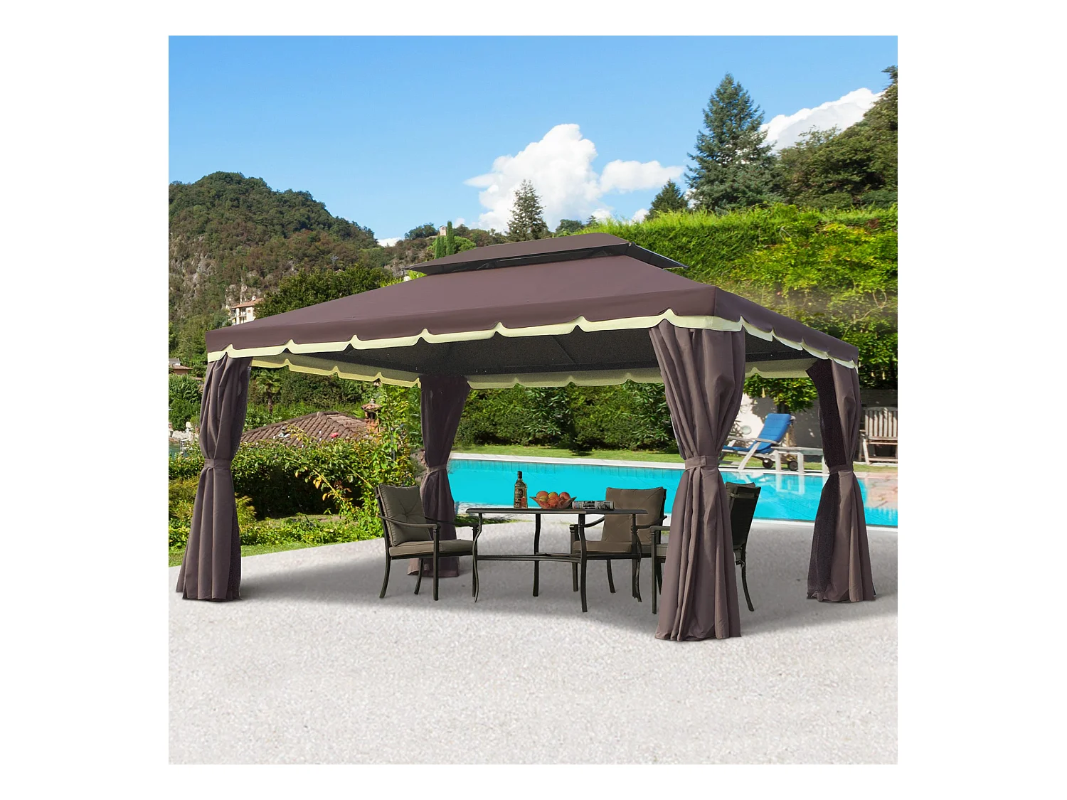 Tonnelle barnum pavillon de jardin style colonial double toit toile moustiquaires et toiles amovibles 3,9L x 2,9l x 2,8H m chocolat