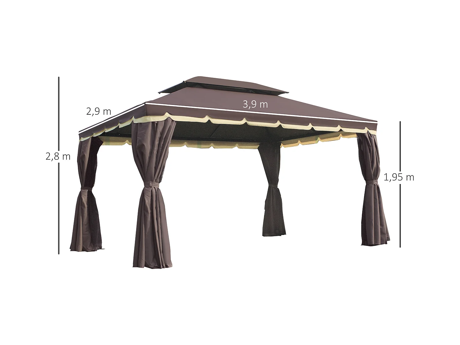 Tonnelle barnum pavillon de jardin style colonial double toit toile moustiquaires et toiles amovibles 3,9L x 2,9l x 2,8H m chocolat