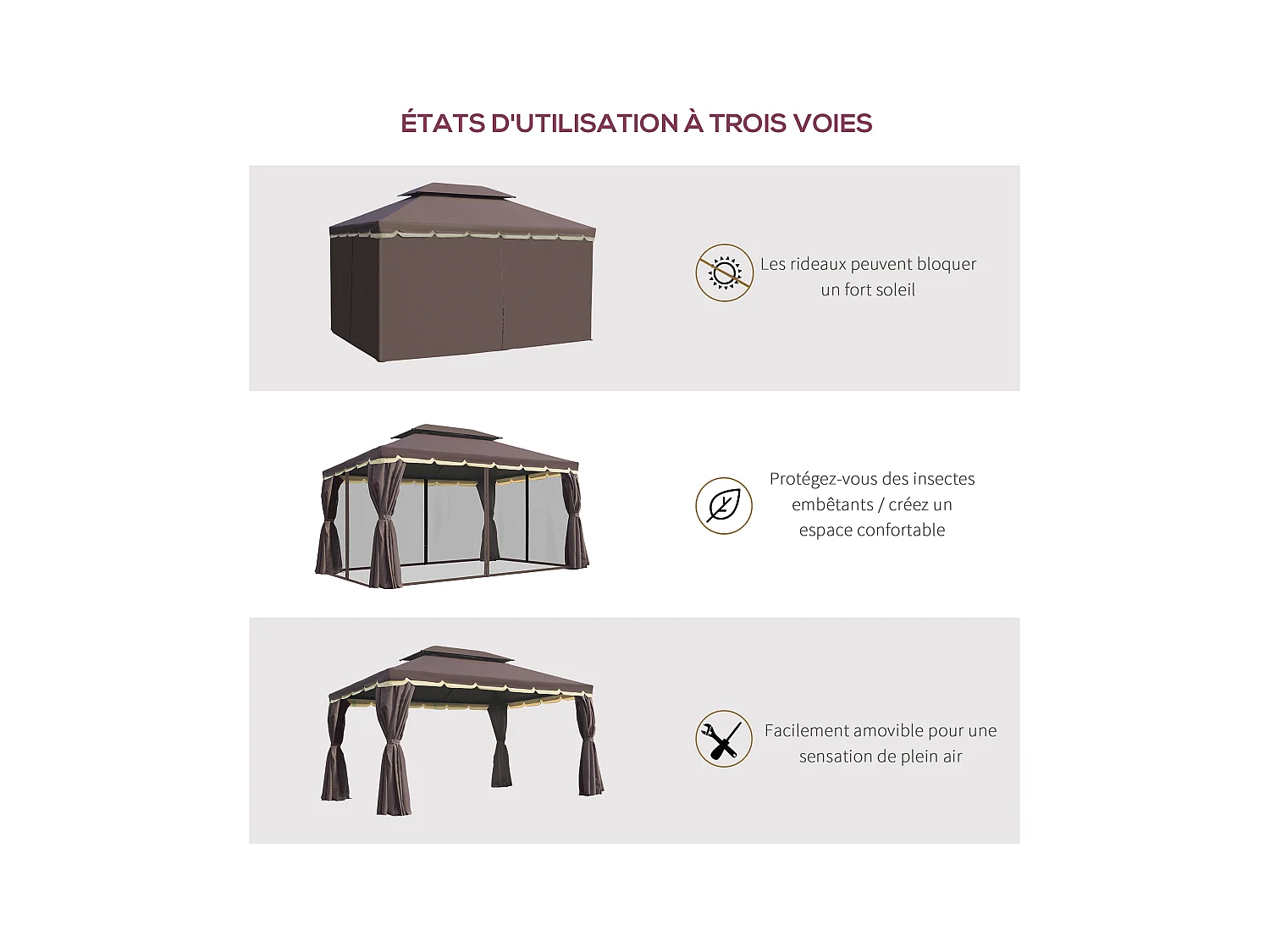 Tonnelle barnum pavillon de jardin style colonial double toit toile moustiquaires et toiles amovibles 3,9L x 2,9l x 2,8H m chocolat