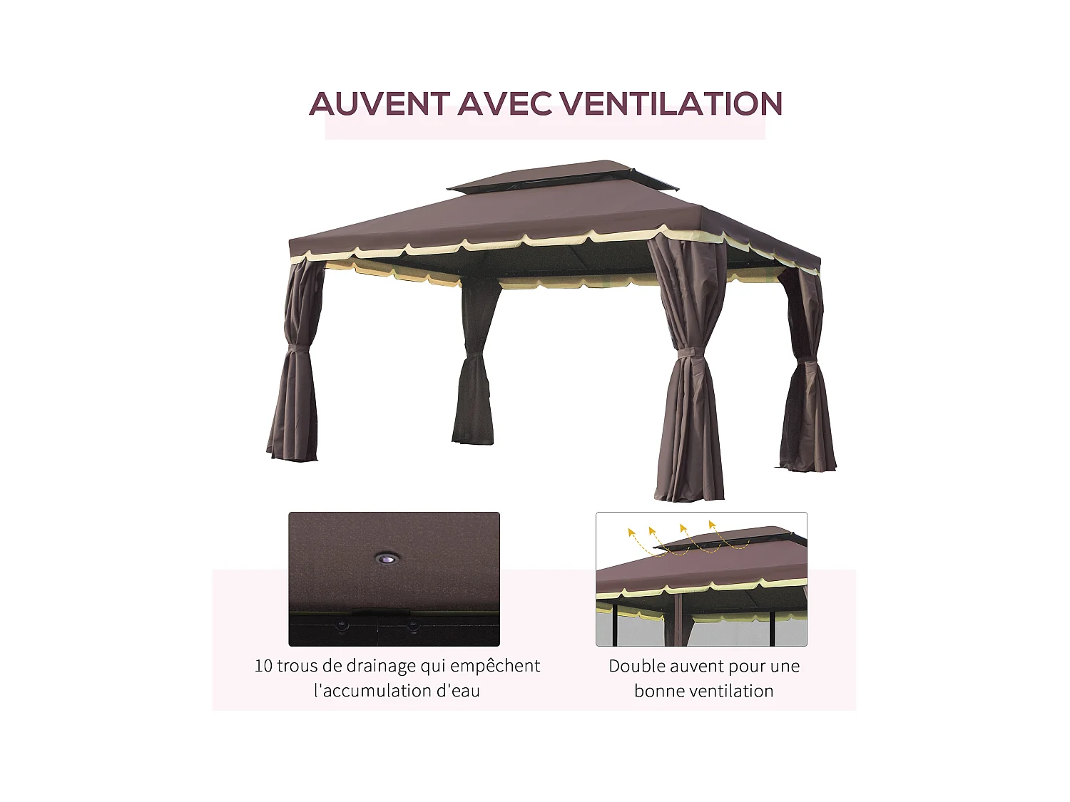 Tonnelle barnum pavillon de jardin style colonial double toit toile moustiquaires et toiles amovibles 3,9L x 2,9l x 2,8H m chocolat