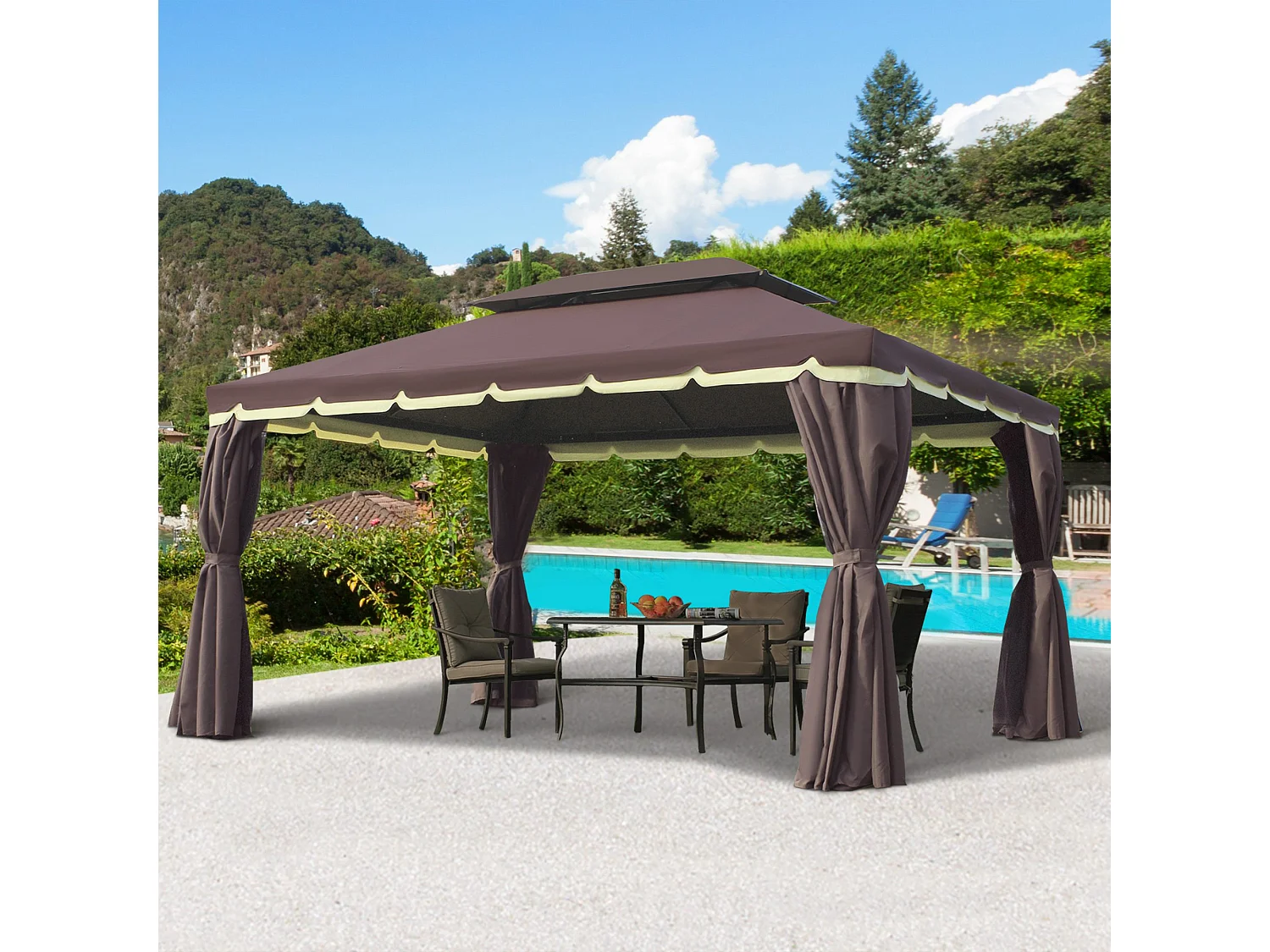 Tonnelle barnum pavillon de jardin style colonial double toit toile moustiquaires et toiles amovibles 3,9L x 2,9l x 2,8H m chocolat